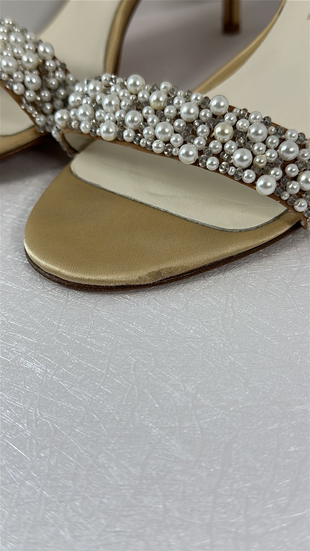Something Bleu Italian Bridal Heels – Faux Pearl Beaded, Open Toe Size 8