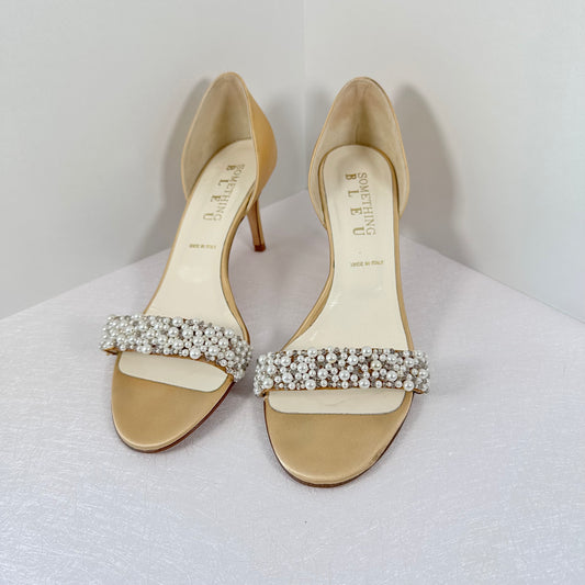 Something Bleu Italian Bridal Heels – Faux Pearl Beaded, Open Toe Size 8