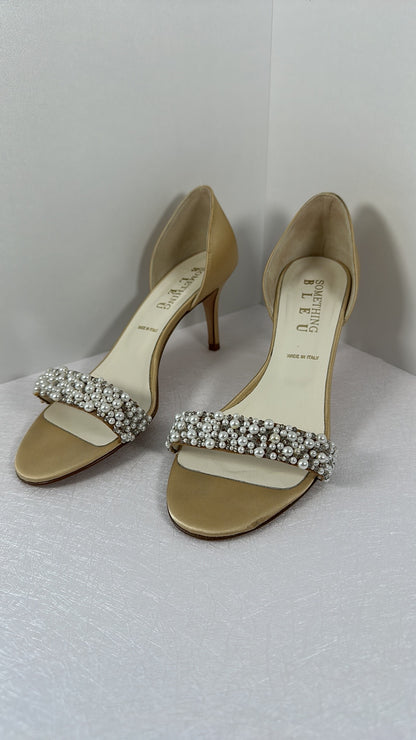 Something Bleu Italian Bridal Heels – Faux Pearl Beaded, Open Toe Size 8