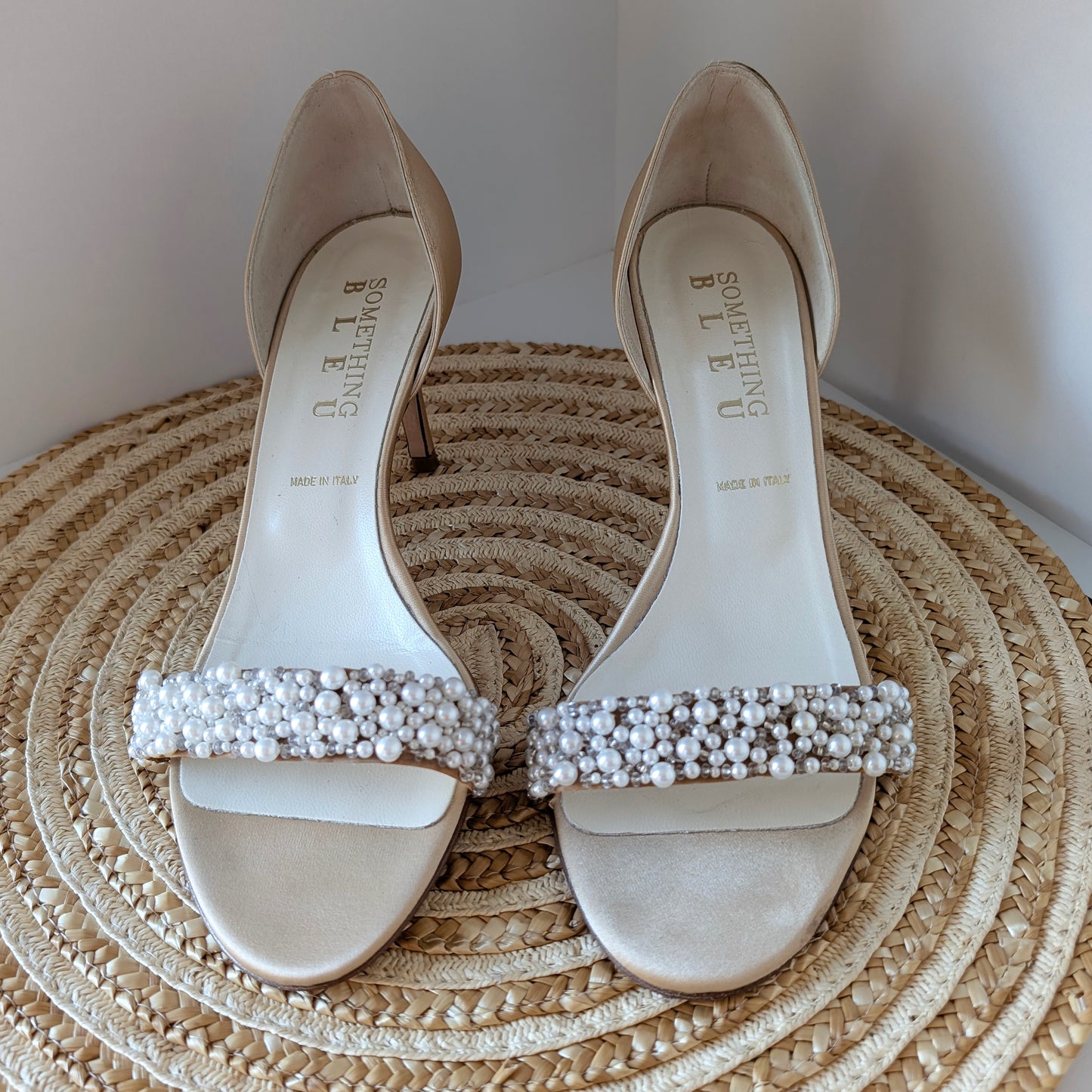 Something Bleu Italian Bridal Heels – Faux Pearl Beaded, Open Toe Size 8