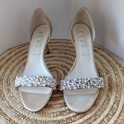 Something Bleu Italian Bridal Heels – Faux Pearl Beaded, Open Toe Size 8