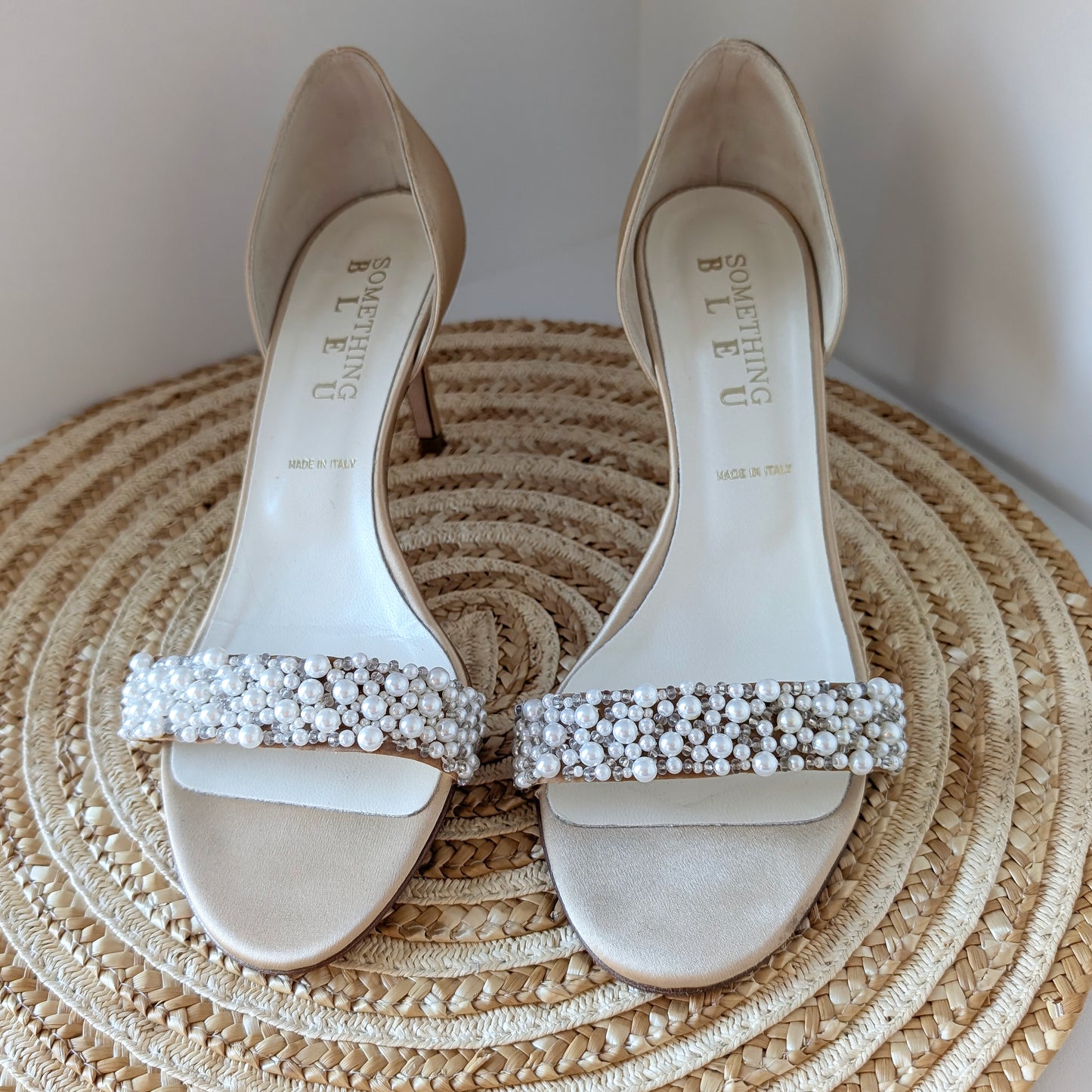 Something Bleu Italian Bridal Heels – Faux Pearl Beaded, Open Toe Size 8