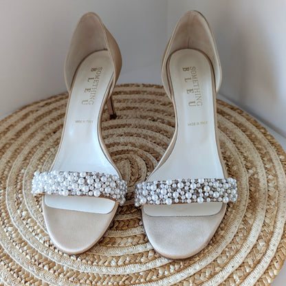 Something Bleu Italian Bridal Heels – Faux Pearl Beaded, Open Toe Size 8