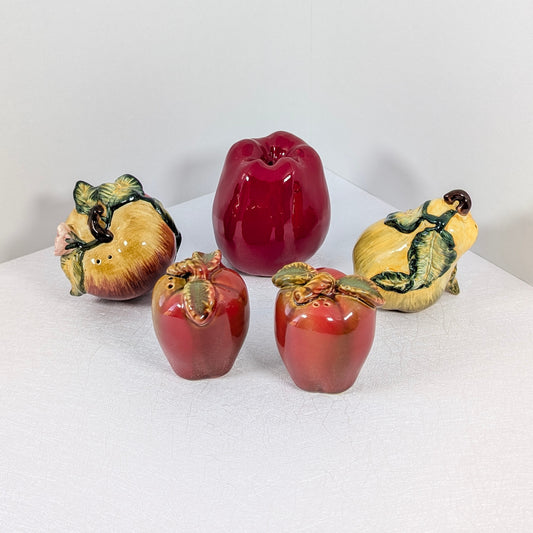 4 Apple & Pear Salt & Pepper Shakers & 1 Ceramic Red Apple Super Cute