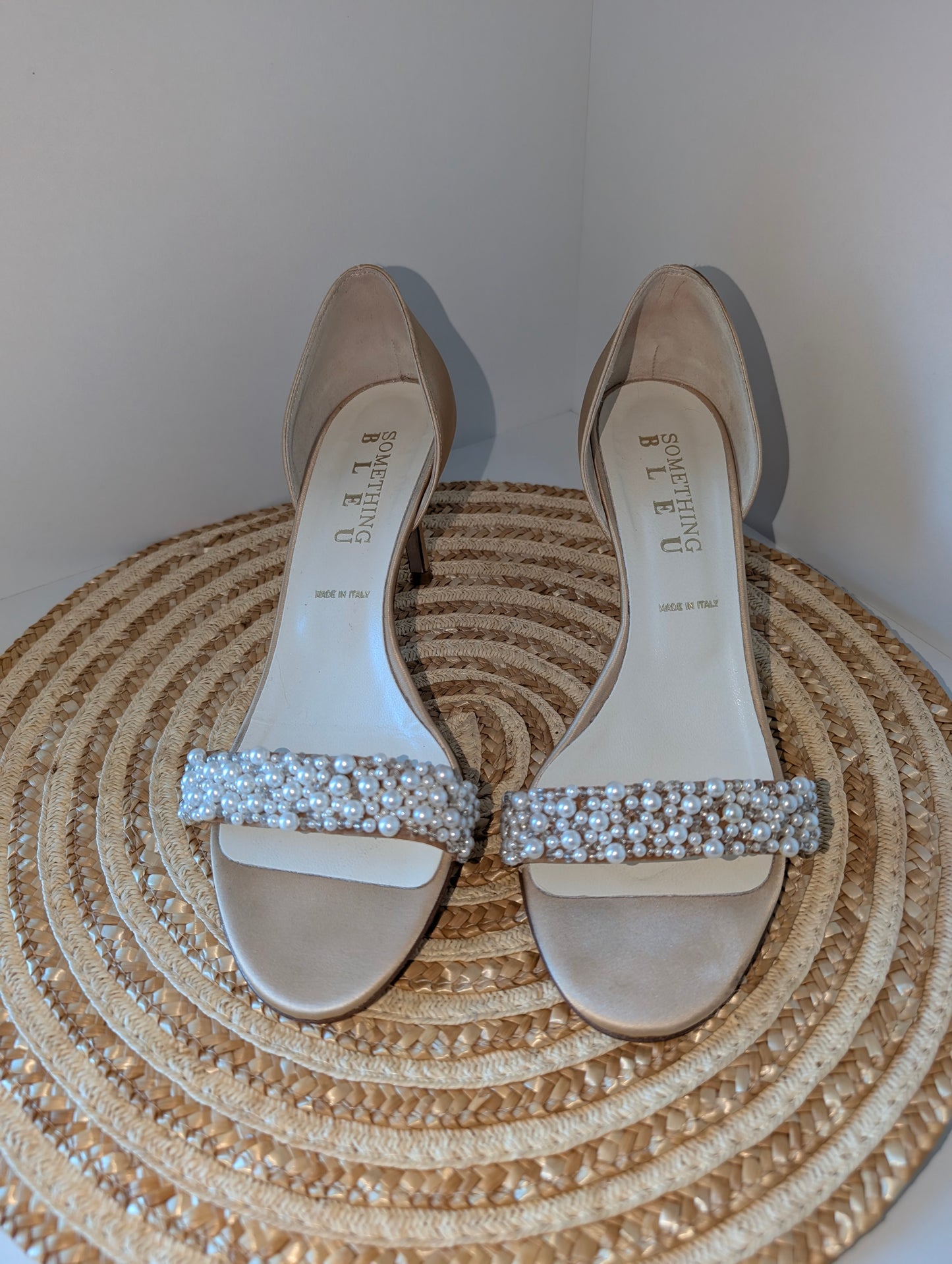 Something Bleu Italian Bridal Heels – Faux Pearl Beaded, Open Toe Size 8