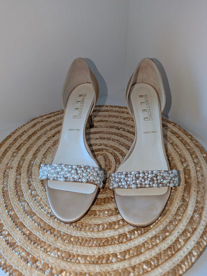 Something Bleu Italian Bridal Heels – Faux Pearl Beaded, Open Toe Size 8