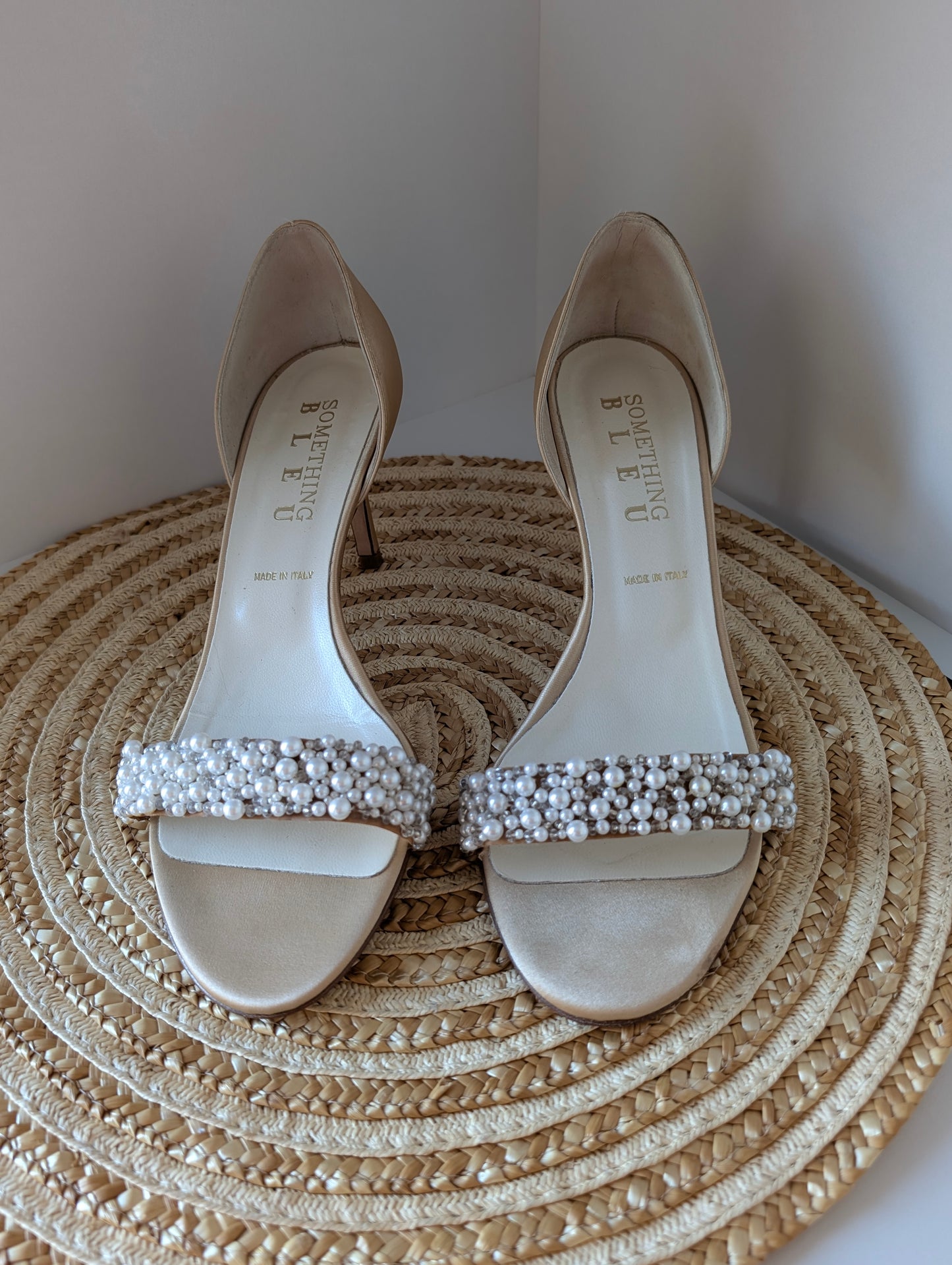 Something Bleu Italian Bridal Heels – Faux Pearl Beaded, Open Toe Size 8