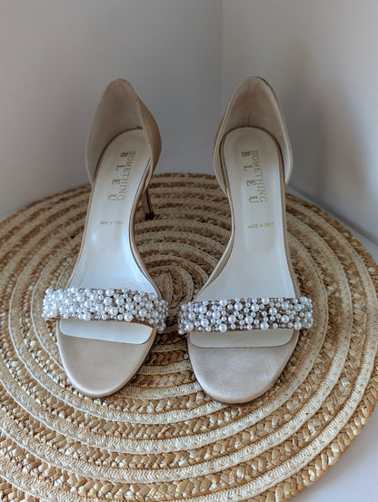 Something Bleu Italian Bridal Heels – Faux Pearl Beaded, Open Toe Size 8