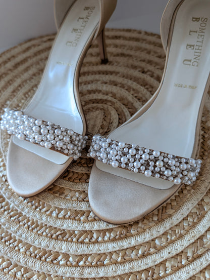 Something Bleu Italian Bridal Heels – Faux Pearl Beaded, Open Toe Size 8