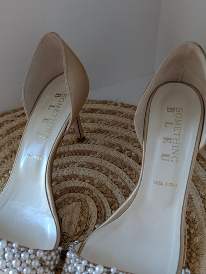 Something Bleu Italian Bridal Heels – Faux Pearl Beaded, Open Toe Size 8