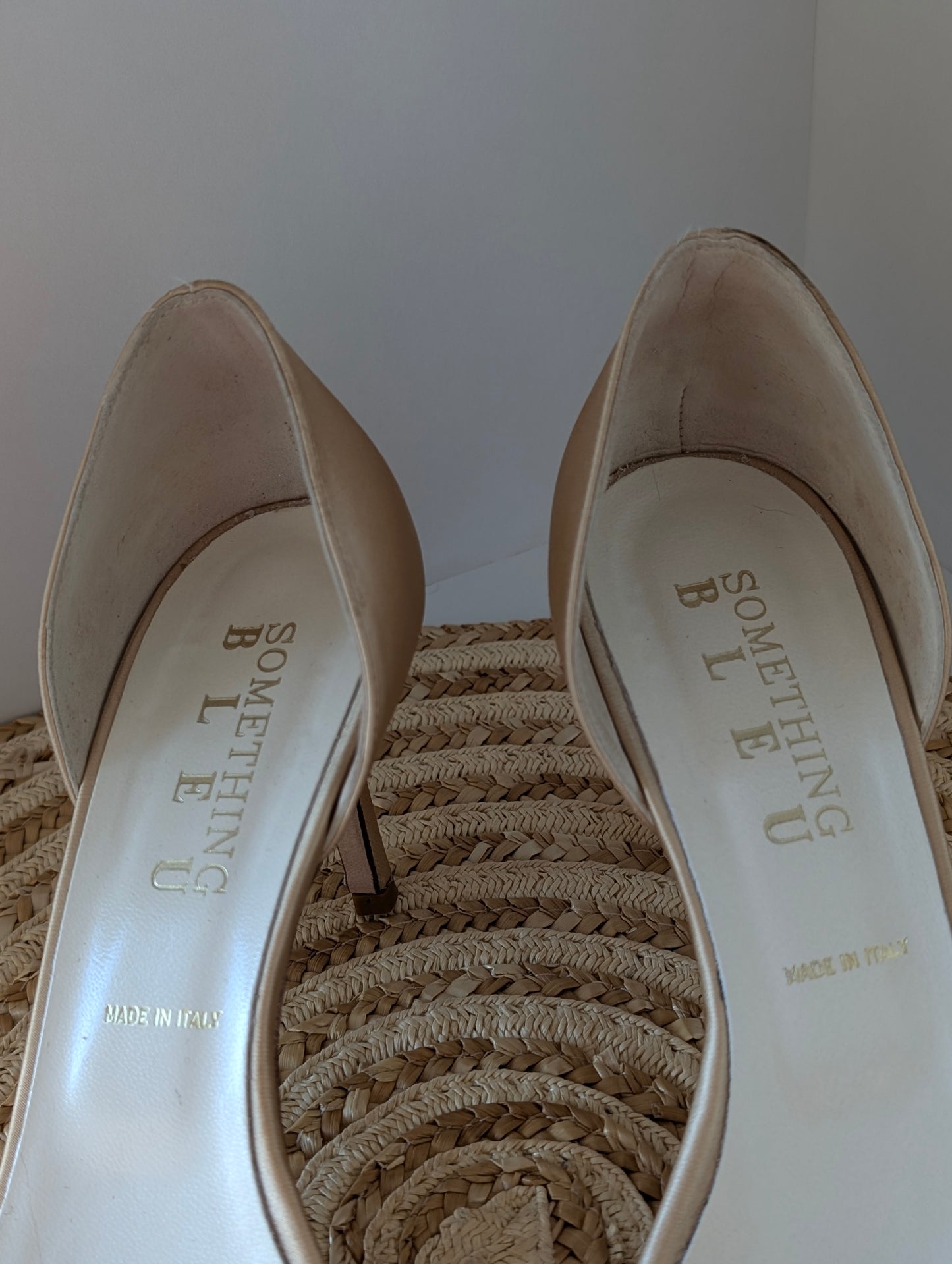 Something Bleu Italian Bridal Heels – Faux Pearl Beaded, Open Toe Size 8
