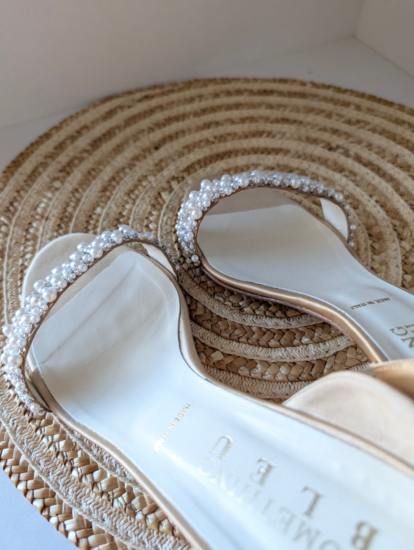 Something Bleu Italian Bridal Heels – Faux Pearl Beaded, Open Toe Size 8