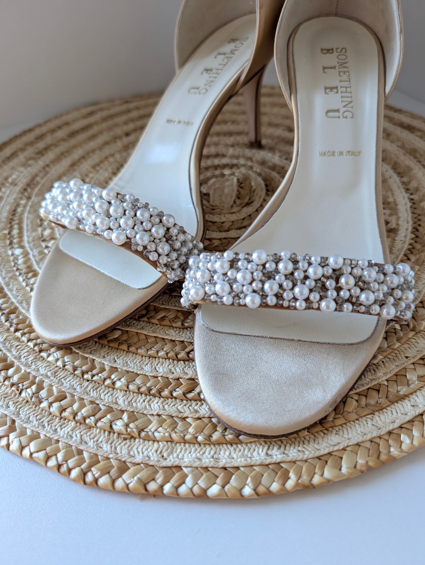 Something Bleu Italian Bridal Heels – Faux Pearl Beaded, Open Toe Size 8
