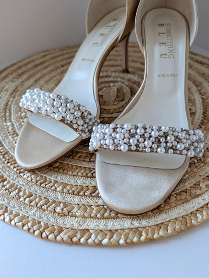 Something Bleu Italian Bridal Heels – Faux Pearl Beaded, Open Toe Size 8