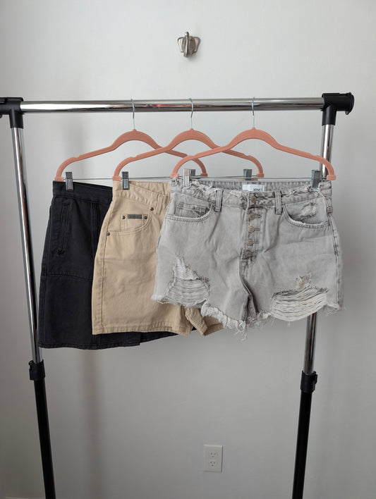 Bundle of Brown Gray Shorts and Lighwashed Denim Skirts Size 32. 3 pcs